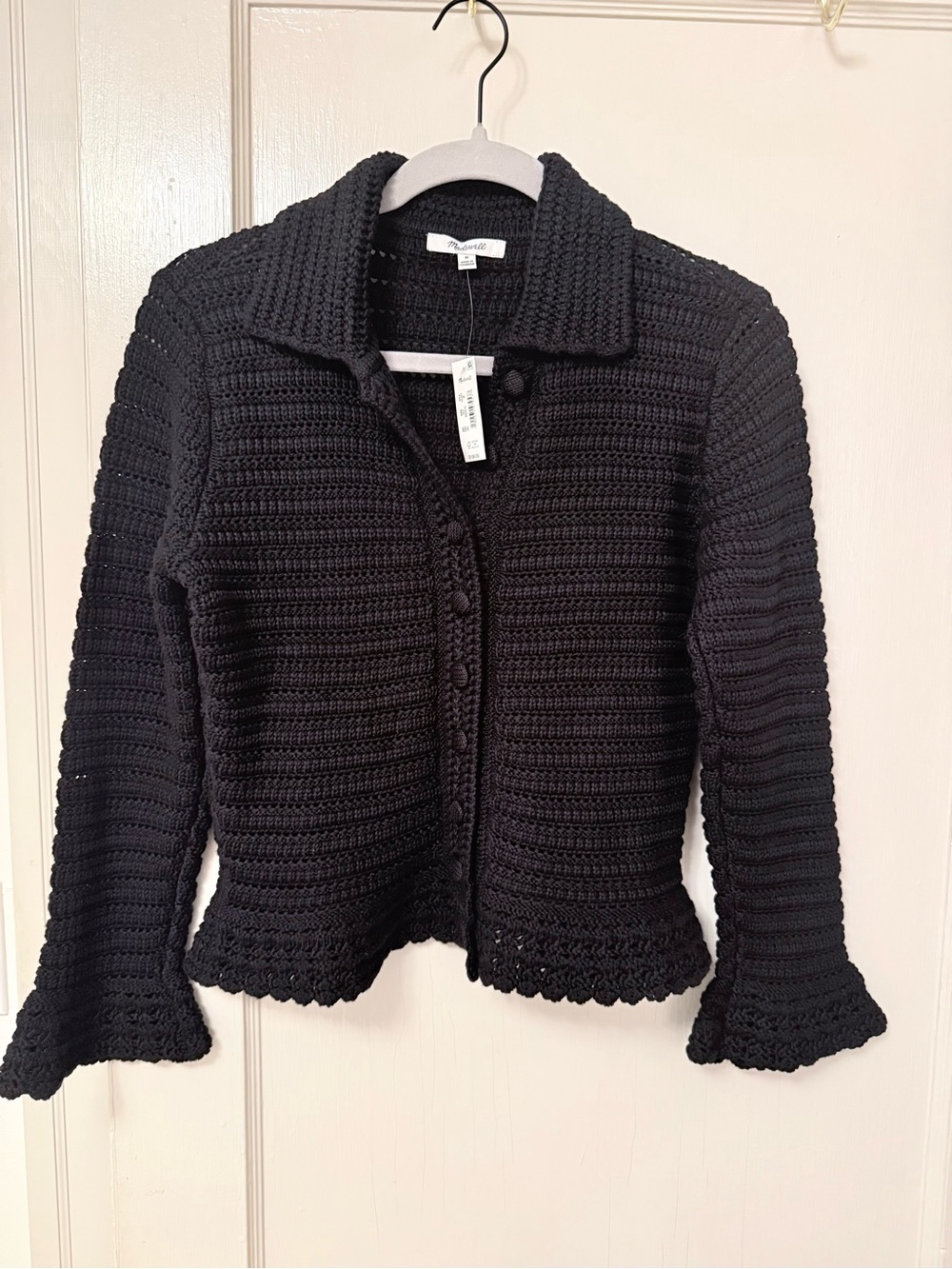 Madewell Pointelle-Knit Peplum Cardigan, Size M, Black - NWT